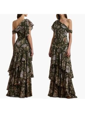 $295 Lauren Ralph Lauren Off-the-Shoulder Kanerite Asymmetric Floral Gown Sz: 4